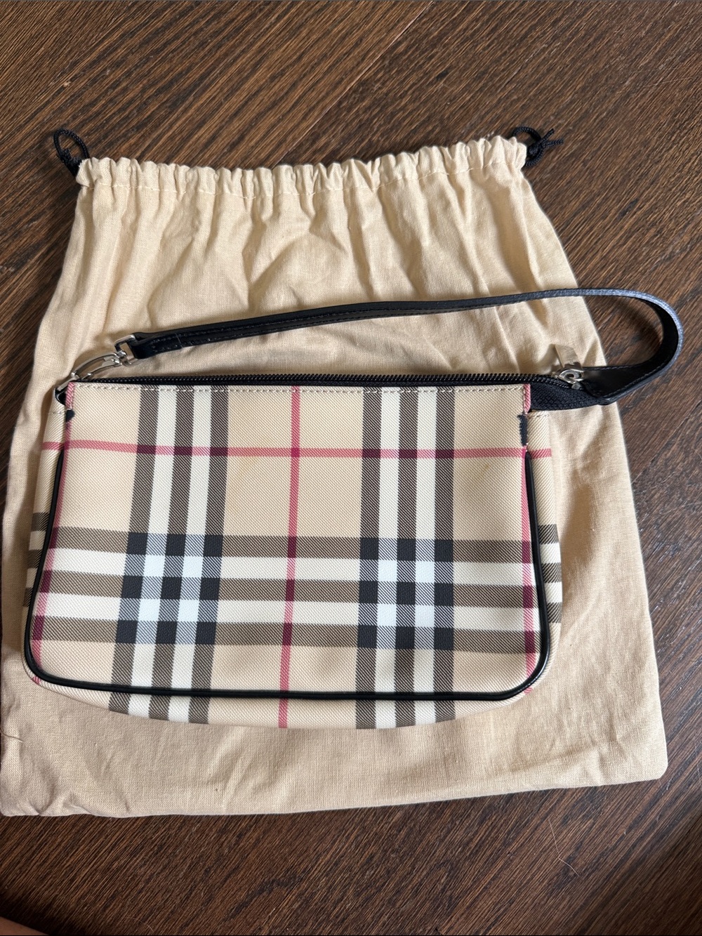 Burberry Beige Plaid Wristlet with Black Trim